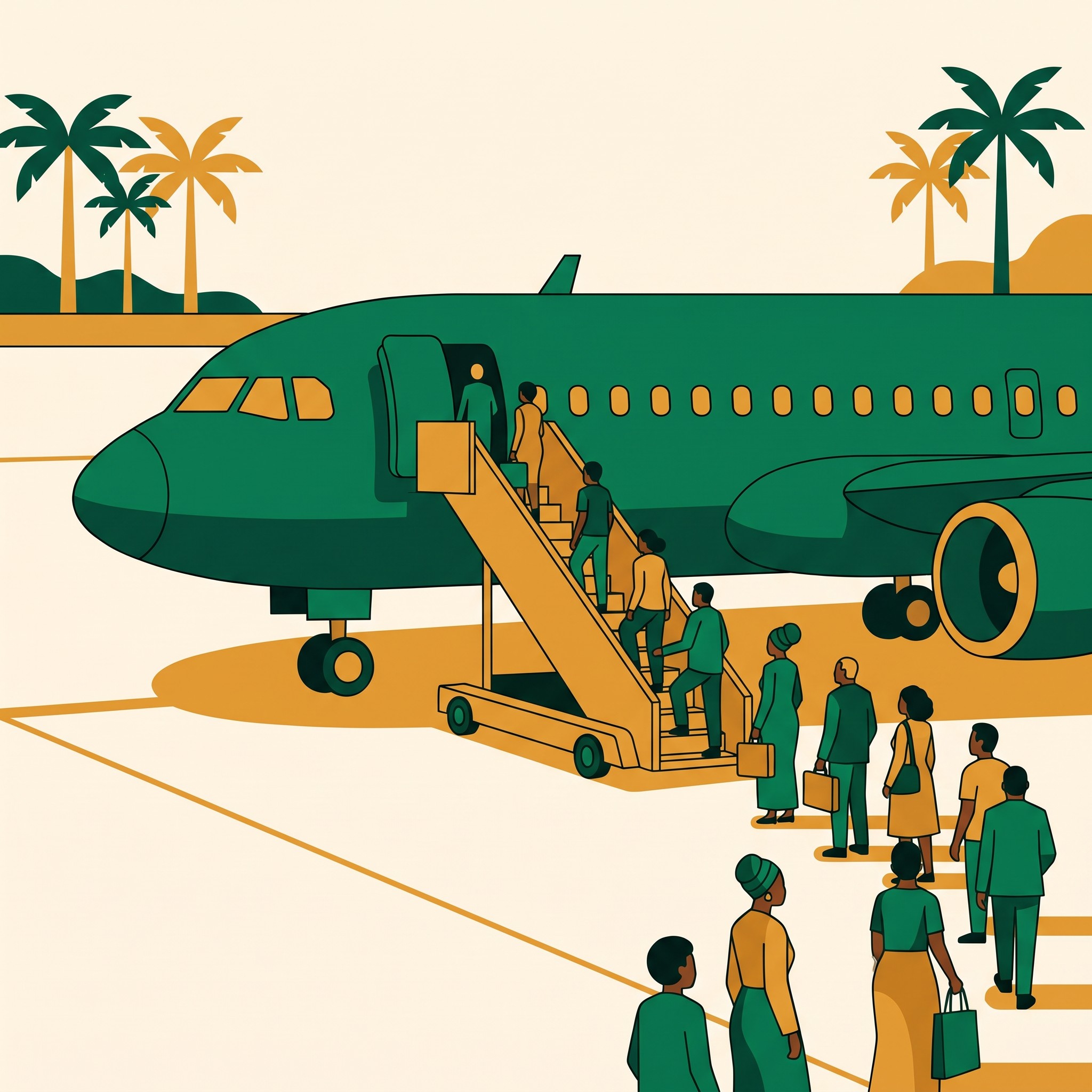 Scène d'aéroport en Afrique de l'Ouest, passagers embarquant sur le tarmac